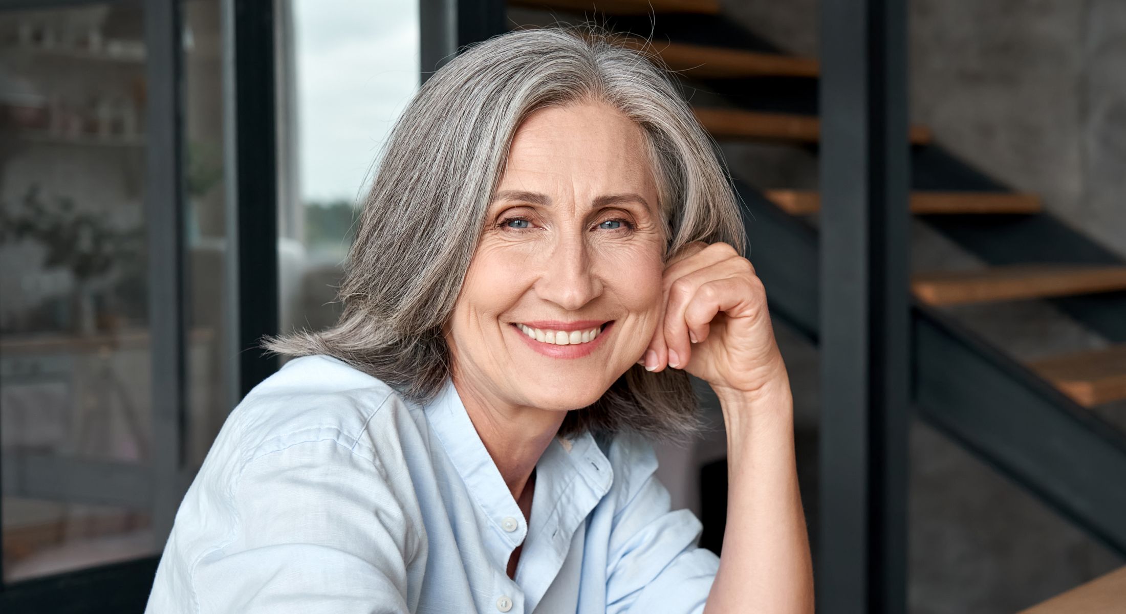 west columbia woman's health model with grey hair